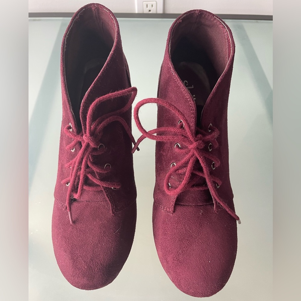 Maroon Red Platform Heeled Ankle Booties - Size 10 - Swede lace-up - Picture 6 of 7